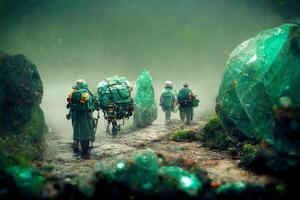 grupo de personas caminando abajo un suciedad la carretera. generativo ai. foto