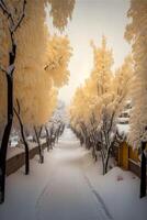 Nevado calle forrado con nieve cubierto arboles generativo ai. foto