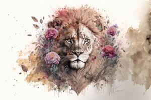 painting of a lion surrounded by flowers. . photo