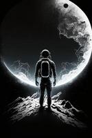 an astronaut standing in front of the moon. . photo