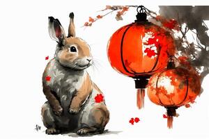 painting of a rabbit sitting next to a lantern. . photo