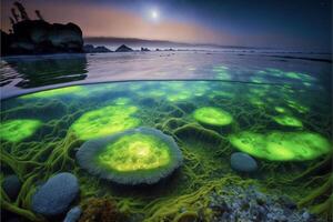 group of green algae floating on top of a body of water. . photo