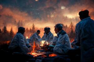 group of people sitting around a fire. . photo