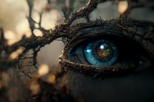 close up of a persons eye with a tree in the background. . photo