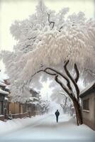 person walking down a snow covered street. . photo