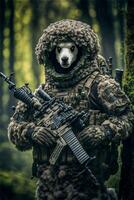 man in a bear suit holding a rifle. . photo