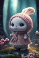 white rabbit wearing a pink hat and dress. . photo
