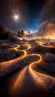 stream of water running through a snow covered field. . photo