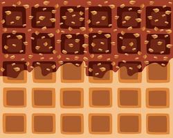 Dripping chocolateand nuts flowing over belgian waffle texture background, vector art and illustration.