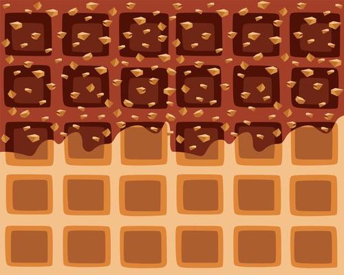 Dripping chocolateand nuts flowing over belgian waffle texture background, vector art and illustration.