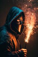 man in a gas mask holding a sparkler. . photo