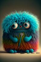 colorful furry monster sitting on top of a table. . photo