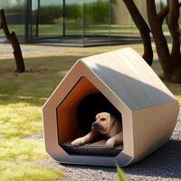 dog that is laying in a dog house. . photo