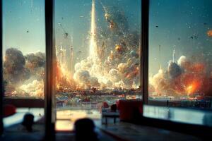 view of a futuristic city from a window. . photo