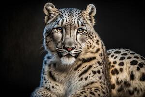 close up of a snow leopard on a black background. . photo