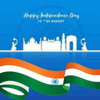 blanco silueta indio famoso monumentos con hombres jugando Tutari y ondulado India bandera cinta en azul antecedentes para contento independencia día. vector