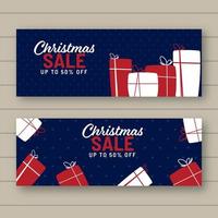 For Christmas Sale Header Or Banner Design With Gift Boxes In Two Options. vector