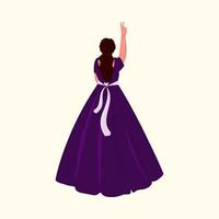 Rear View of Young Woman Wearing Purple Gown With Showing Peace Sign On Cosmic Latte Background. vector