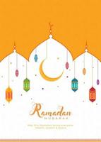 Islamic Holy Month of Ramadan Mubarak Concept with Hanging Colorful Lanterns, Crescent Moon on Yellow and White Background. vector