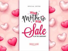 Happy Mother's Day Sale Poster Design with Discount Offer and Glossy Hearts Decorated on Pastel Pink Bokeh Background. vector
