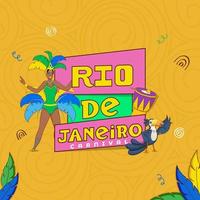 rio Delaware janeiro carnaval festival concepto con alegre hembra samba bailarín personaje, tambor instrumento y tucán pájaro en cromo amarillo remolino modelo antecedentes. vector