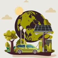 eléctrico coche cargando a estación con solar panel pararse, calle lámparas, sol, tierra globo en naturaleza antecedentes. ecosistema y tierra día concepto. vector