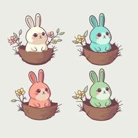 Set Of Vintage Style Cute Bunny Character In Straw Nest. Easter Day Concept. vector