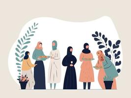 Group of Muslim Women Characters Having Iftar On Beige And White Background With Copy Space. vector