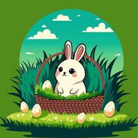 ilustración de linda Conejo personaje dentro cesta con Pascua de Resurrección huevos en pradera con nubes en contra verde antecedentes. contento Pascua de Resurrección día concepto. vector