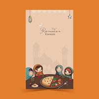 Ramadán kareem vertical bandera diseño con alegre musulmán hembra niños disfrutando delicioso comidas a comida mesa. vector