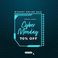 Cyber Monday Sale Poster Design with Discount Offer and Cyan Futuristic Frame on Dark Teal Hexagon Pattern Background. vector