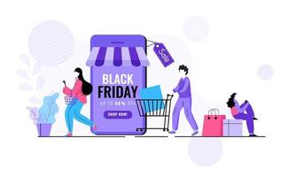 Black Friday Sale App in Smartphone with Discount Offer and Customers Character on White Background. vector