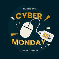 Hurry Up Cyber Monday Text with Mouse and Discount Tag on Teal Background for Sale. vector