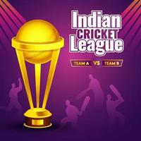 Golden Trophy Cup on Purple Background with Silhouette Batsman and Bowler of Participate Teams for Indian Cricket League. vector