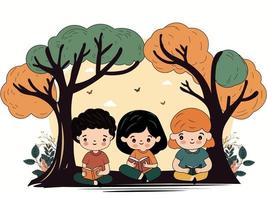 Children Sitting Under The Tree And Reading Books On Nature Background. vector