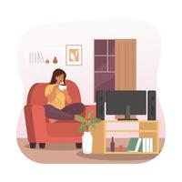 Woman eating while watching television vector