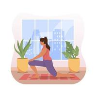 mujer haciendo yoga en casa vector