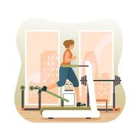 Woman running on treadmill vector