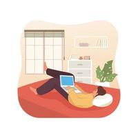 Man working on laptop while laying down on bed vector