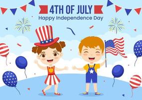 4th of July Independence Day USA Vector Illustration with Kids and American Flag Background in Flat Cartoon Hand Drawn Landing Page Templates