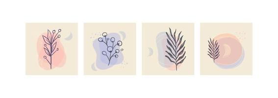 Set of abstract foliage wall art. Leaves, organic shapes, leaf branch, tree in vector line art style.  Decoration collection design for interior, poster, cover, banner.