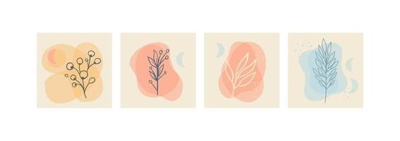 Set of abstract foliage wall art. Leaves, organic shapes, leaf branch, tree in vector line art style.  Decoration collection design for interior, poster, cover, banner.