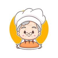 Cute Grandpa cartoon character as chef baking bread. Profession Concept design. Flat adorable chibi vector illustration. Isolated white background