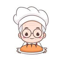 Cute Grandpa as Baker cartoon character Rolling Dough. Profession Concept design. Flat adorable chibi vector illustration. Isolated white background