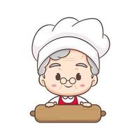 Cute Grandma as Baker cartoon character Rolling Dough. Profession Concept design. Flat adorable chibi vector illustration. Isolated white background