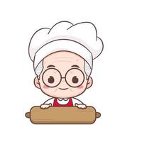 Cute Grandpa as Baker cartoon character Rolling Dough. Profession Concept design. Flat adorable chibi vector illustration. Isolated white background