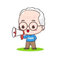 Cute Grandfather cartoon character holding megaphone. People Concept design. Flat adorable chibi vector illustration. Isolated white background