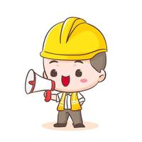 Cute Worker cartoon character holding megaphone. People Concept design. Flat adorable chibi vector illustration. Isolated white background