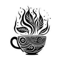 Elegant coffee cup with intricate floral design. Black and white vector illustration ideal for coffee shops, cafes, and other related designs.