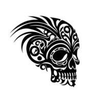 Tribal skull tattoo design, black and white vector illustration isolated on white background. Ideal for tattoo parlors, biker clubs, and other related designs.